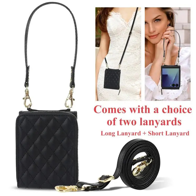 Voor Samsung Galaxy Z Flip7 5G Grote leren telefoonhoes met rits en kaartsleuf, met schouderband (zwart)