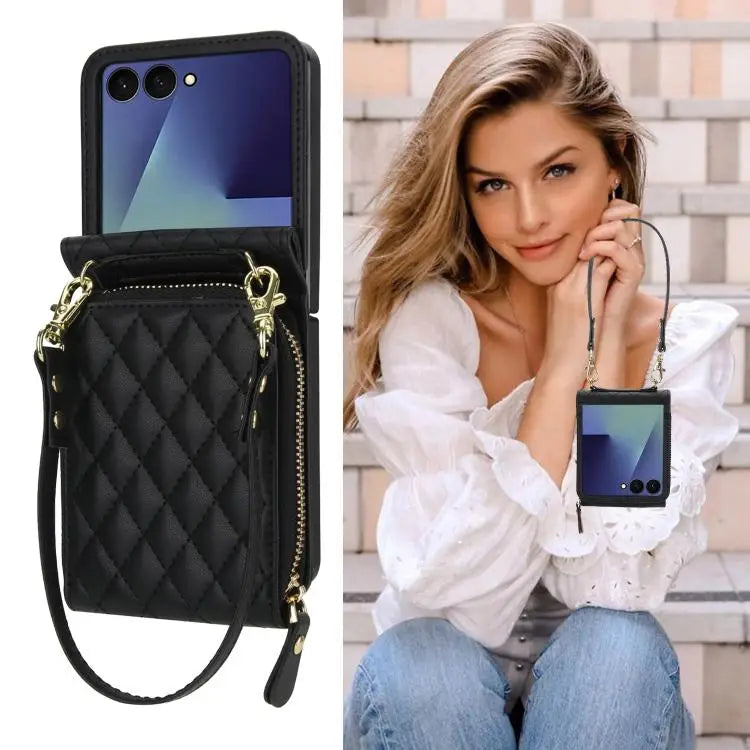 Voor Samsung Galaxy Z Flip7 5G Grote leren telefoonhoes met rits en kaartsleuf, met schouderband (zwart)