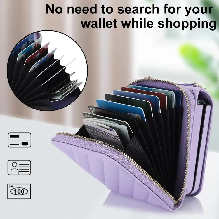 Voor Samsung Galaxy Z Flip7 5G Grote leren telefoonhoes met rits en kaartsleuf, met schouderband (paars)