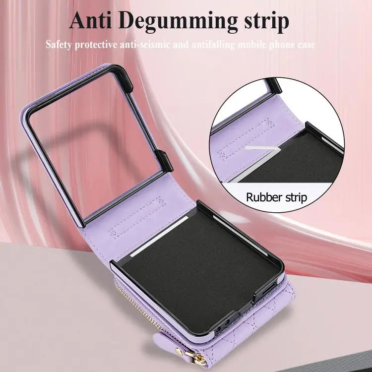 Voor Samsung Galaxy Z Flip7 5G Grote leren telefoonhoes met rits en kaartsleuf, met schouderband (paars)