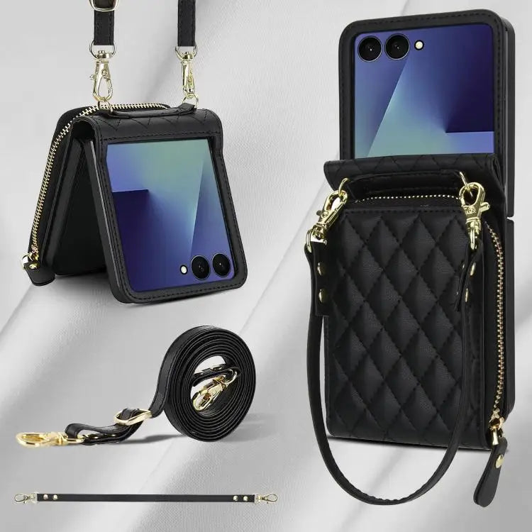 Voor Samsung Galaxy Z Flip7 5G Grote leren telefoonhoes met rits en kaartsleuf, met schouderband (zwart)