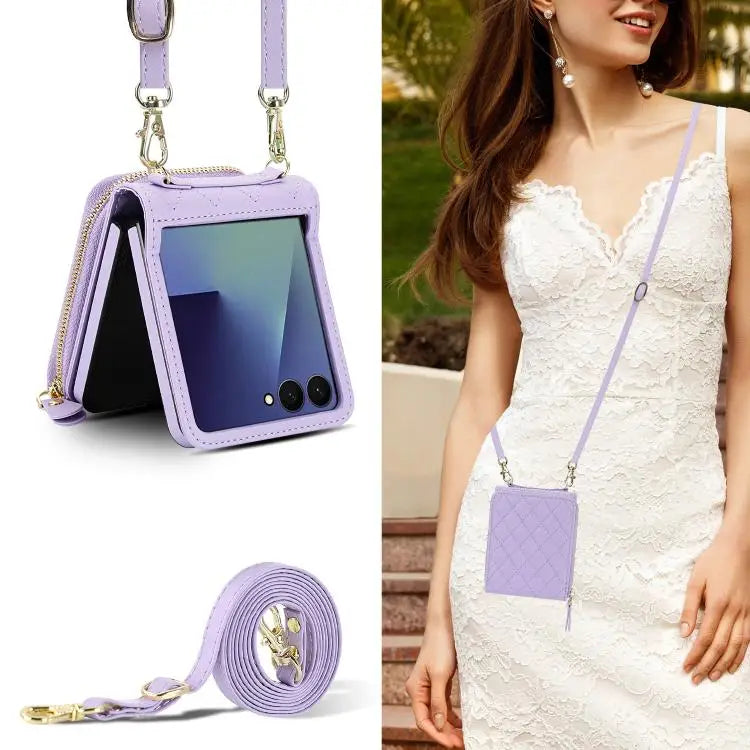 Voor Samsung Galaxy Z Flip7 5G Grote leren telefoonhoes met rits en kaartsleuf, met schouderband (paars)