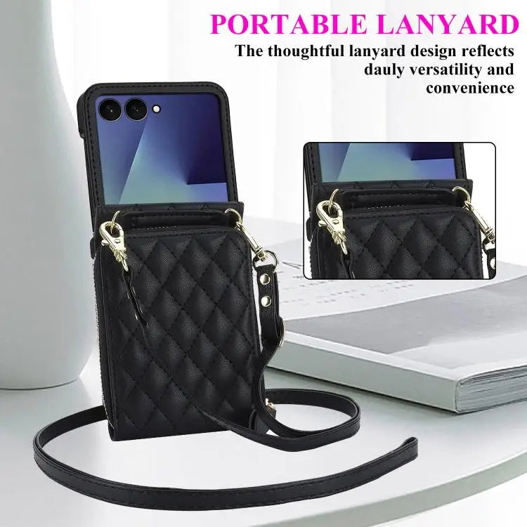 Voor Samsung Galaxy Z Flip7 5G Grote leren telefoonhoes met rits en kaartsleuf, met schouderband (zwart)