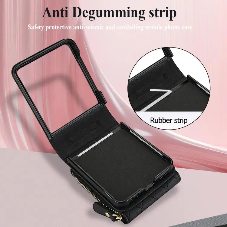 Voor Samsung Galaxy Z Flip7 5G Grote leren telefoonhoes met rits en kaartsleuf, met schouderband (zwart)