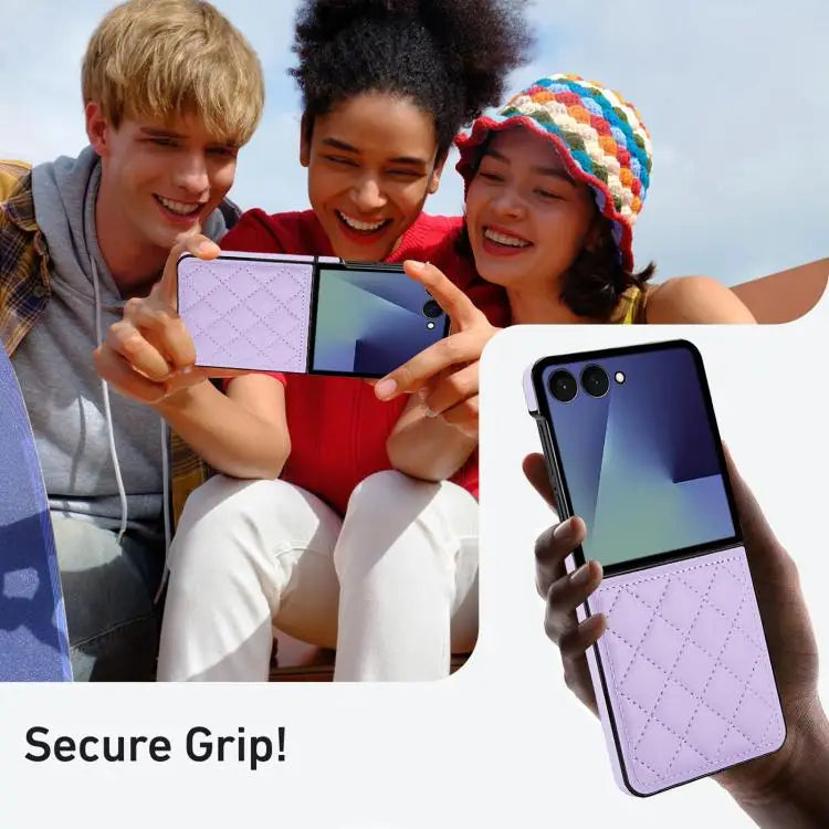 Voor Samsung Galaxy Z Flip7 5G Rhombic Fold leren telefoonhoesje (paars)