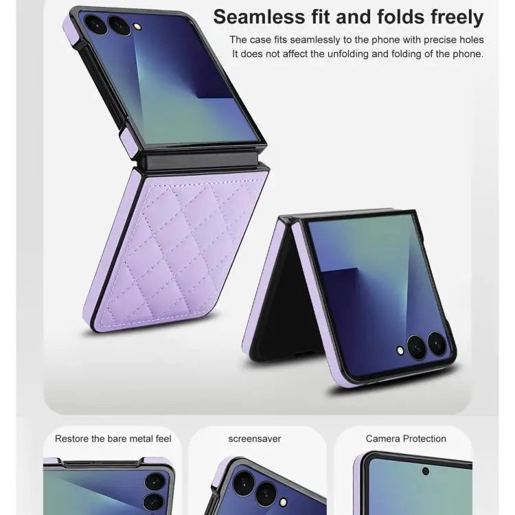 Voor Samsung Galaxy Z Flip7 5G Rhombic Fold leren telefoonhoesje (paars)