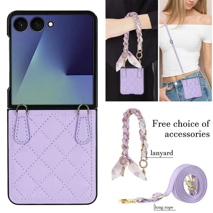 Voor Samsung Galaxy Z Flip7 5G Rhombic leren telefoonhoesje met sjaal/armband (paars)