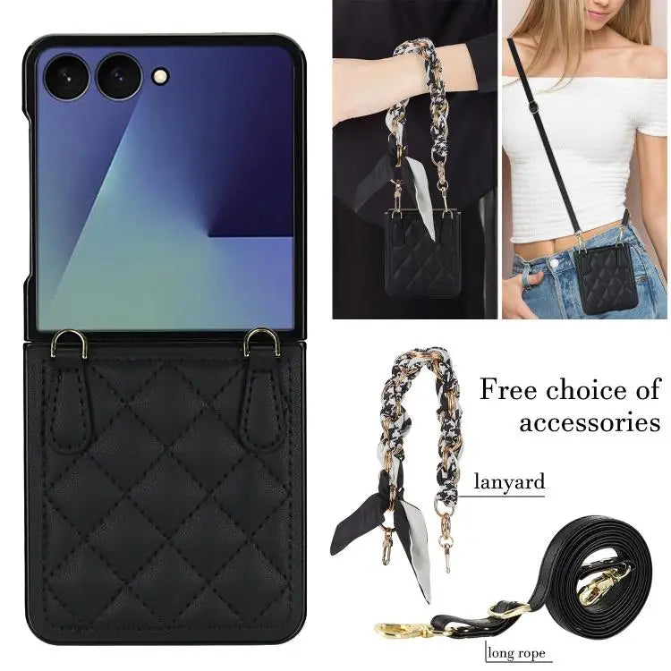 Voor Samsung Galaxy Z Flip7 5G Rhombic leren telefoonhoesje met sjaal/armband (zwart)