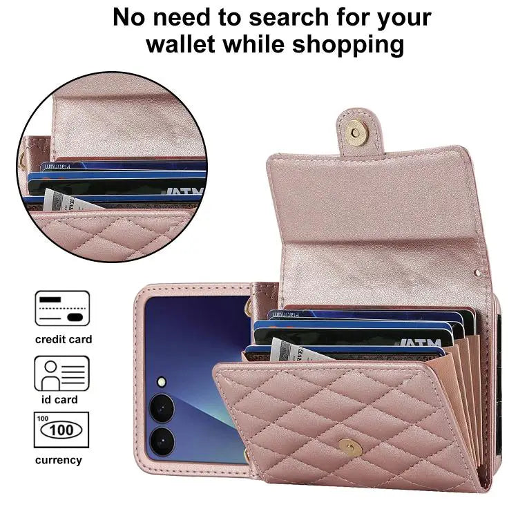 Voor Samsung Galaxy Z Flip7 5G Rhombic Texture Card Bag PU-telefoonhoesje met lange lanyard (roségoud)