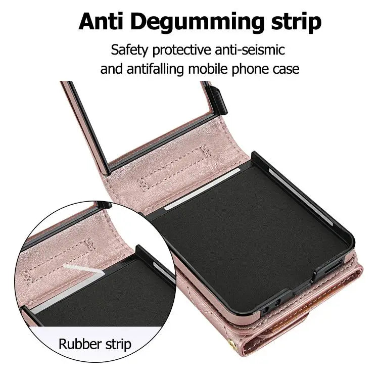 Voor Samsung Galaxy Z Flip7 5G Rhombic Texture Card Bag PU-telefoonhoesje met lange lanyard (roségoud)