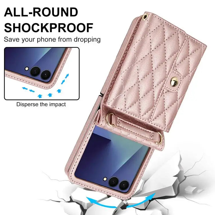 Voor Samsung Galaxy Z Flip7 5G Rhombic Texture Card Bag PU-telefoonhoesje met lange lanyard (roségoud)