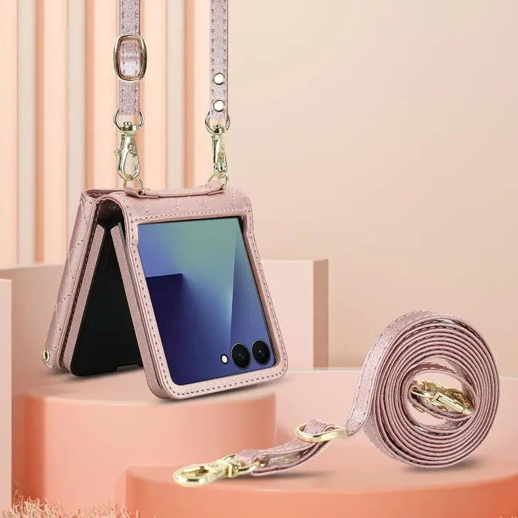 Voor Samsung Galaxy Z Flip7 5G Rhombic Texture Card Bag PU-telefoonhoesje met lange lanyard (roségoud)