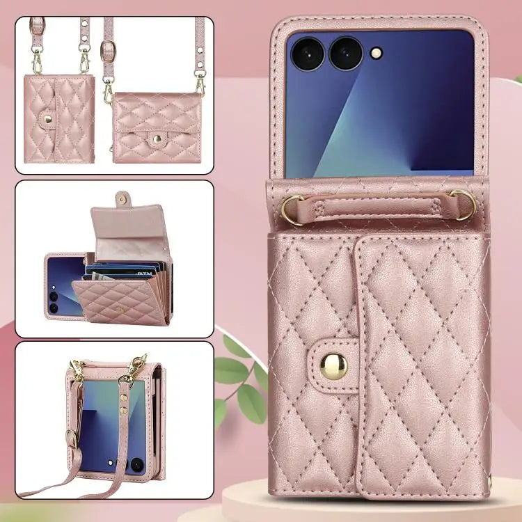 Voor Samsung Galaxy Z Flip7 5G Rhombic Texture Card Bag PU-telefoonhoesje met lange lanyard (roségoud)