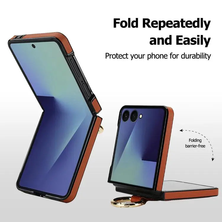 Voor Samsung Galaxy Z Flip7 5G Rhombic Texture Ring Holder PU-telefoonhoesje (bruin)