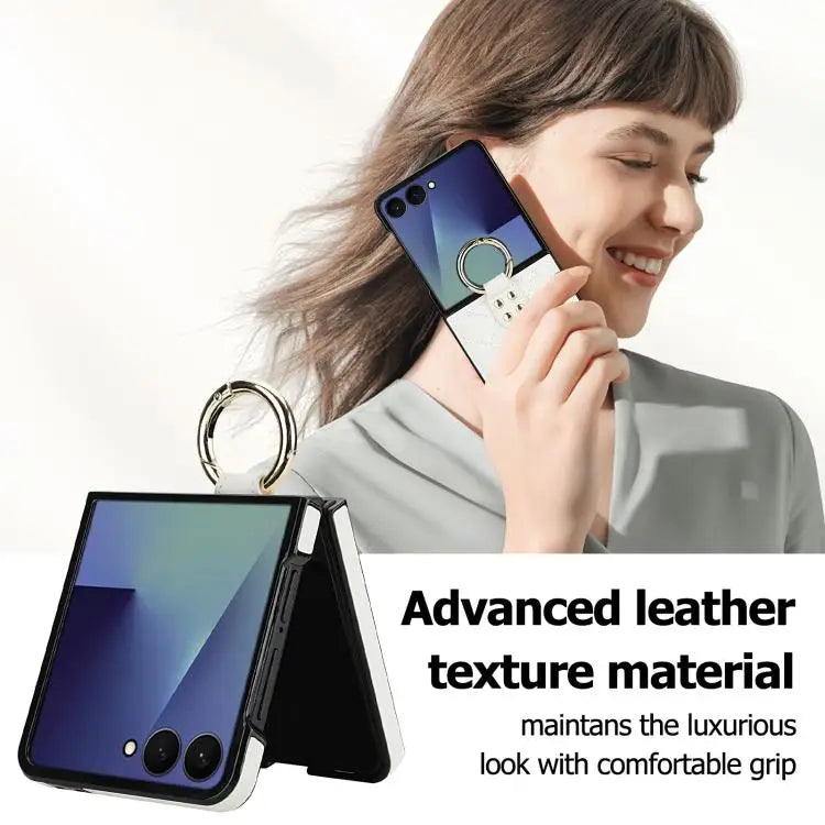 Voor Samsung Galaxy Z Flip7 5G Rhombic Texture Ring Holder PU-telefoonhoesje (wit)