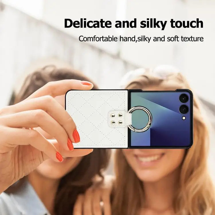 Voor Samsung Galaxy Z Flip7 5G Rhombic Texture Ring Holder PU-telefoonhoesje (wit)