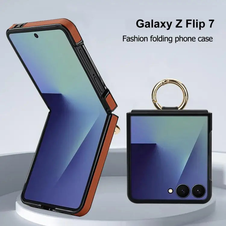 Voor Samsung Galaxy Z Flip7 5G Rhombic Texture Ring Holder PU-telefoonhoesje (bruin)