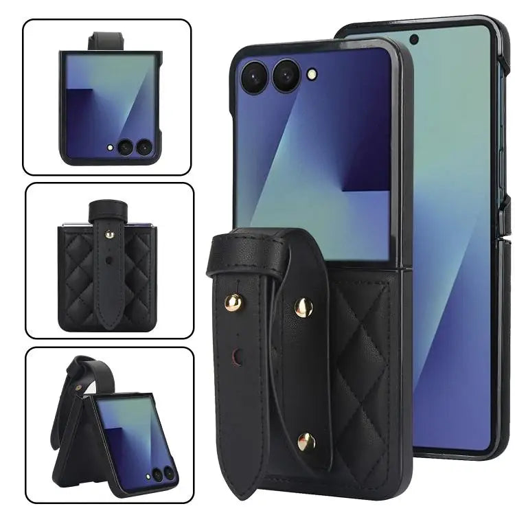 Voor Samsung Galaxy Z Flip7 5G Rhombic Texture Wristband PU-telefoonhoesje (zwart)