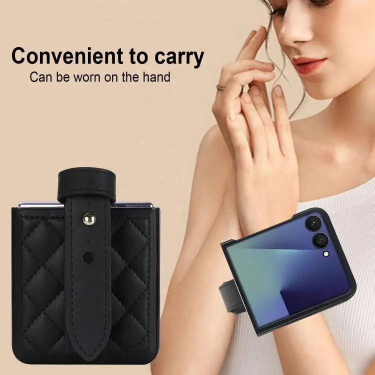 Voor Samsung Galaxy Z Flip7 5G Rhombic Texture Wristband PU-telefoonhoesje (zwart)