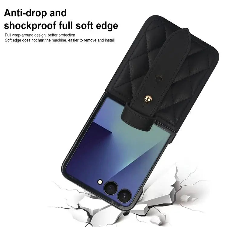 Voor Samsung Galaxy Z Flip7 5G Rhombic Texture Wristband PU-telefoonhoesje (zwart)