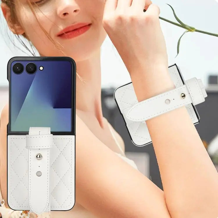 Voor Samsung Galaxy Z Flip7 5G Rhombic Texture Wristband PU-telefoonhoesje (wit)