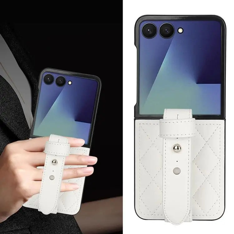 Voor Samsung Galaxy Z Flip7 5G Rhombic Texture Wristband PU-telefoonhoesje (wit)