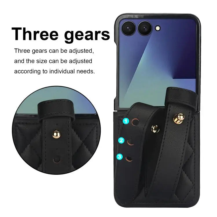 Voor Samsung Galaxy Z Flip7 5G Rhombic Texture Wristband PU-telefoonhoesje (zwart)