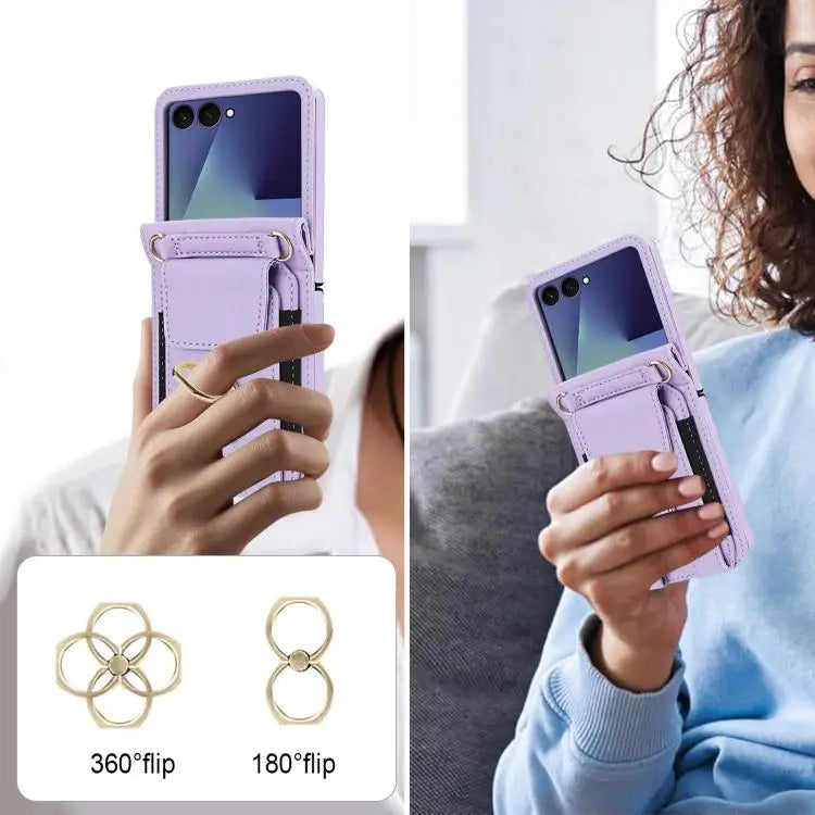 Voor Samsung Galaxy Z Flip7 5G Ringhouder Portemonnee Kaarthouder Leren Telefoonhoesje (Lichtpaars)