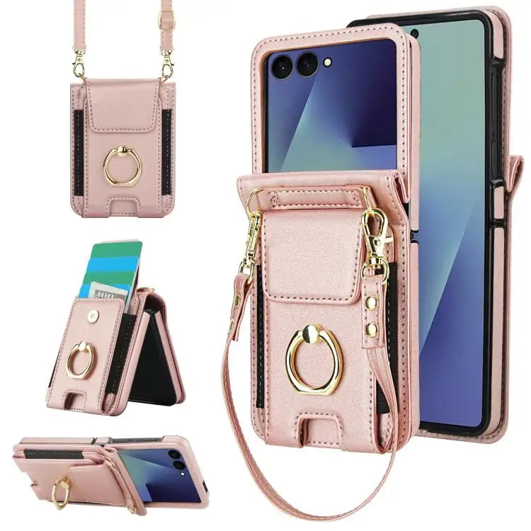 Voor Samsung Galaxy Z Flip7 5G Ringhouder Portemonnee Kaarthouder Leren Telefoonhoesje (Roségoud)