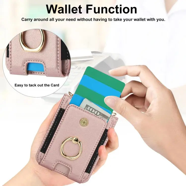 Voor Samsung Galaxy Z Flip7 5G Ringhouder Portemonnee Kaarthouder Leren Telefoonhoesje (Roségoud)