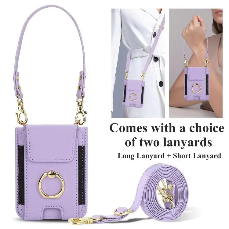 Voor Samsung Galaxy Z Flip7 5G Ringhouder Portemonnee Kaarthouder Leren Telefoonhoesje (Lichtpaars)