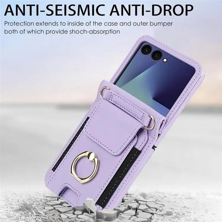 Voor Samsung Galaxy Z Flip7 5G Ringhouder Portemonnee Kaarthouder Leren Telefoonhoesje (Lichtpaars)