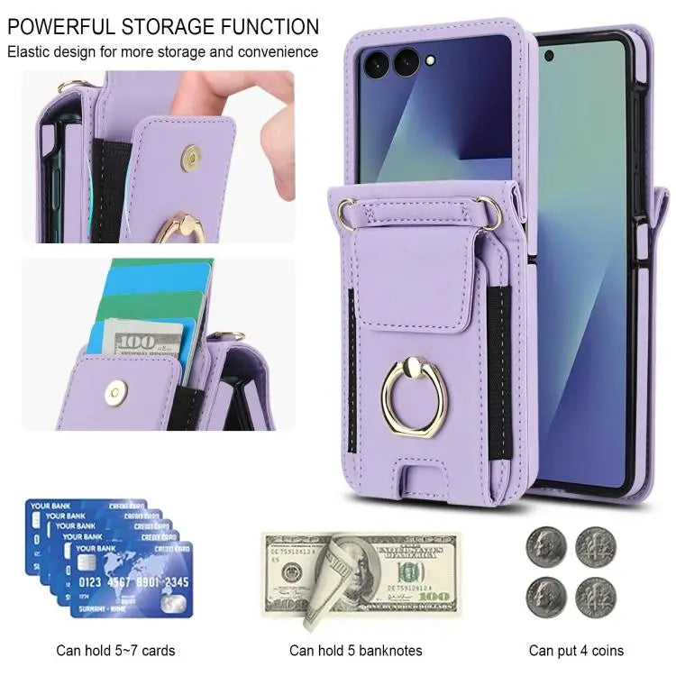 Voor Samsung Galaxy Z Flip7 5G Ringhouder Portemonnee Kaarthouder Leren Telefoonhoesje (Lichtpaars)