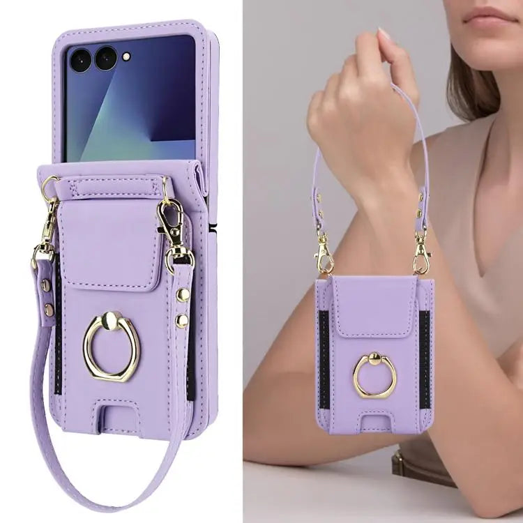 Voor Samsung Galaxy Z Flip7 5G Ringhouder Portemonnee Kaarthouder Leren Telefoonhoesje (Lichtpaars)