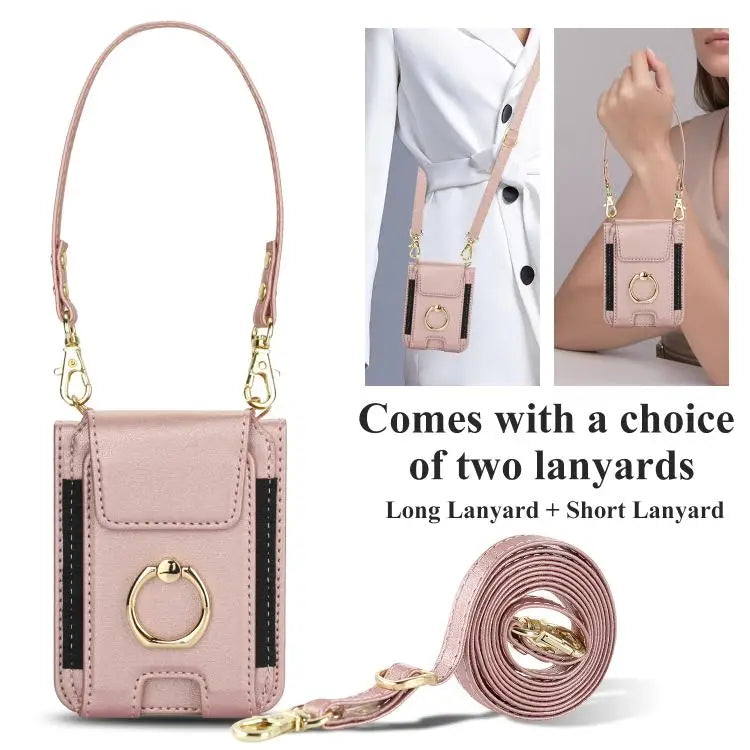 Voor Samsung Galaxy Z Flip7 5G Ringhouder Portemonnee Kaarthouder Leren Telefoonhoesje (Roségoud)