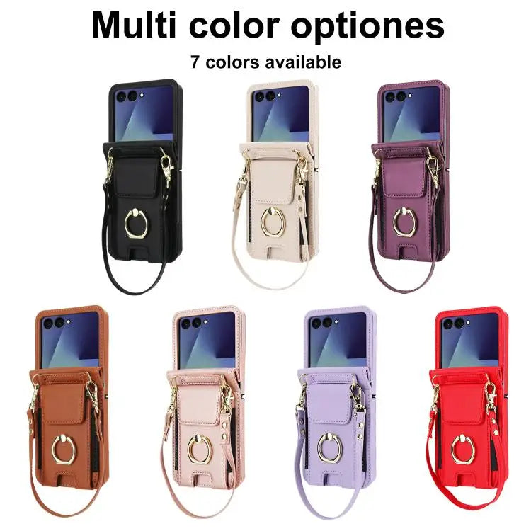 Voor Samsung Galaxy Z Flip7 5G Ringhouder Portemonnee Kaarthouder Leren Telefoonhoesje (Roségoud)