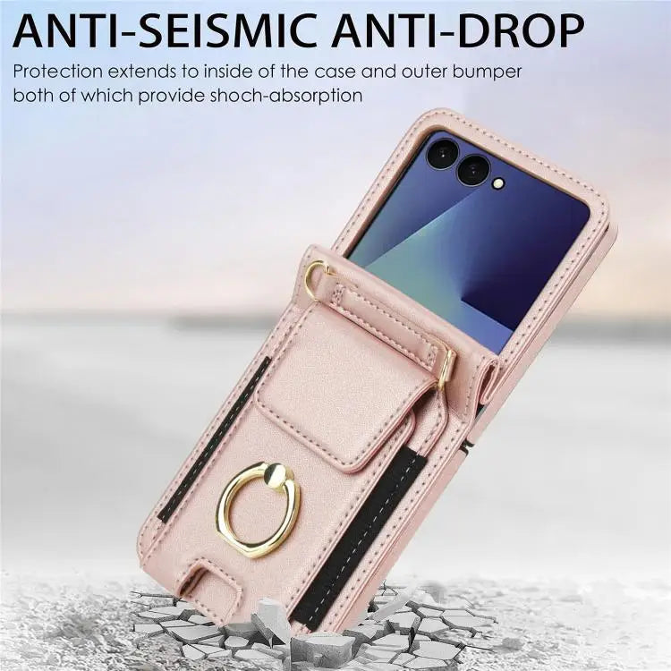 Voor Samsung Galaxy Z Flip7 5G Ringhouder Portemonnee Kaarthouder Leren Telefoonhoesje (Roségoud)