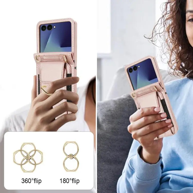 Voor Samsung Galaxy Z Flip7 5G Ringhouder Portemonnee Kaarthouder Leren Telefoonhoesje (Roségoud)