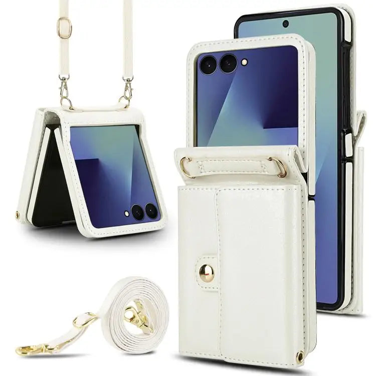 Voor Samsung Galaxy Z Flip7 5G effen kleur rugzak portemonnee kaartsleuf RFID PU telefoonhoesje (wit)