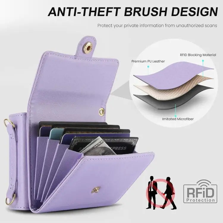 Voor Samsung Galaxy Z Flip7 5G effen kleur rugzak portemonnee kaartsleuf RFID PU telefoonhoesje (paars)