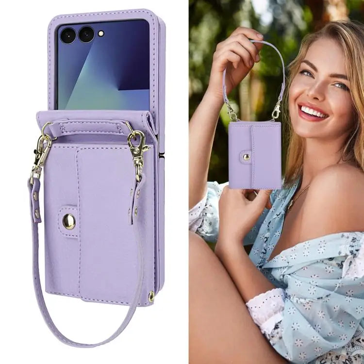 Voor Samsung Galaxy Z Flip7 5G effen kleur rugzak portemonnee kaartsleuf RFID PU telefoonhoesje (paars)