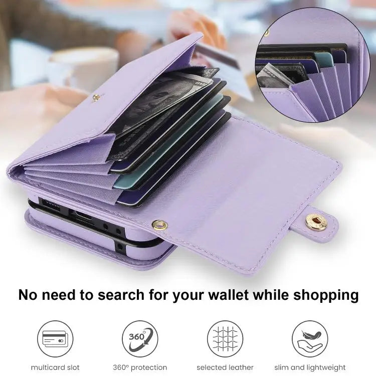 Voor Samsung Galaxy Z Flip7 5G effen kleur rugzak portemonnee kaartsleuf RFID PU telefoonhoesje (paars)