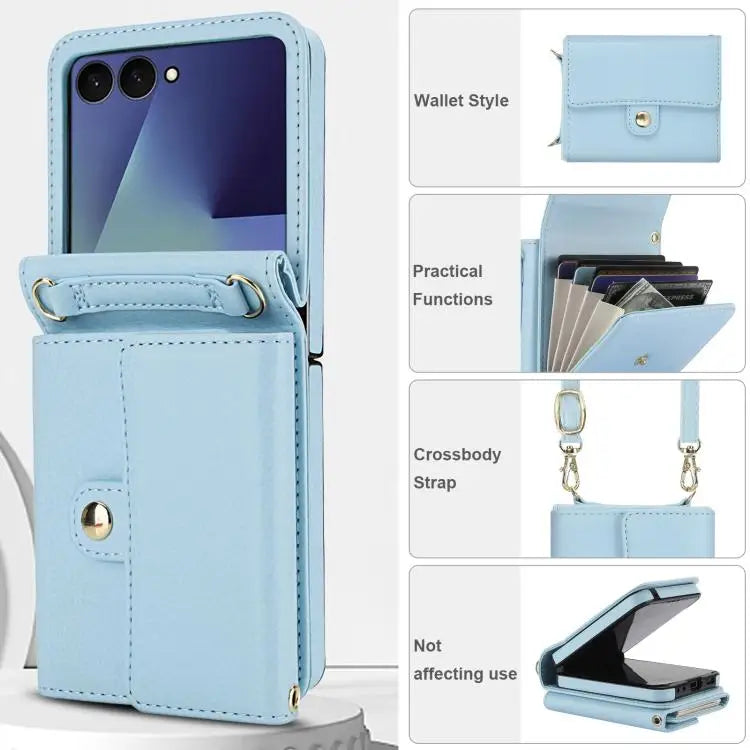 Voor Samsung Galaxy Z Flip7 5G effen kleur rugzak portemonnee kaartsleuf RFID PU telefoonhoesje (blauw)