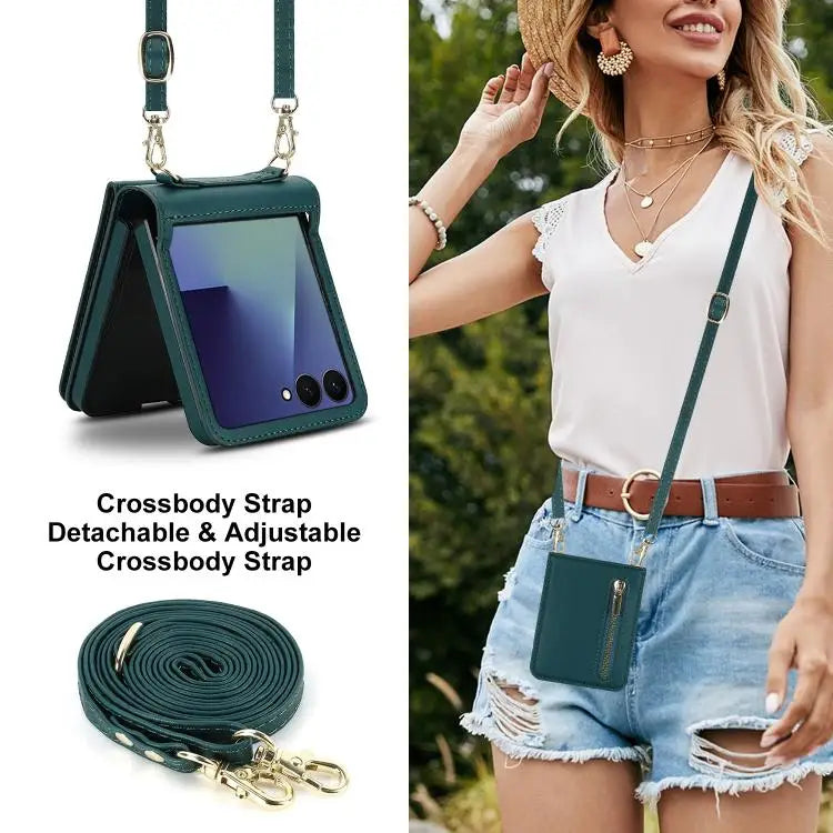 Voor Samsung Galaxy Z Flip7 5G, portemonnee met rits, kaartsleuf, leren telefoonhoesje met schouderband (groen)