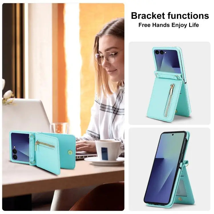 Voor Samsung Galaxy Z Flip7 5G, portemonnee met rits, kaartsleuf, leren telefoonhoesje met schouderband (blauw)