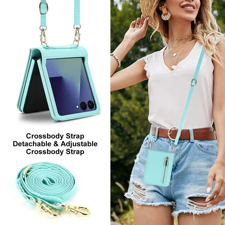 Voor Samsung Galaxy Z Flip7 5G, portemonnee met rits, kaartsleuf, leren telefoonhoesje met schouderband (blauw)