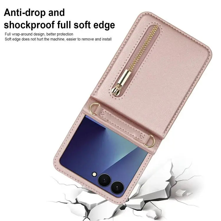 For Samsung Galaxy Z Flip7 5G Zipper Wallet Card Slot Leather Phone Case with Crossbody Strap(Rose Gold)