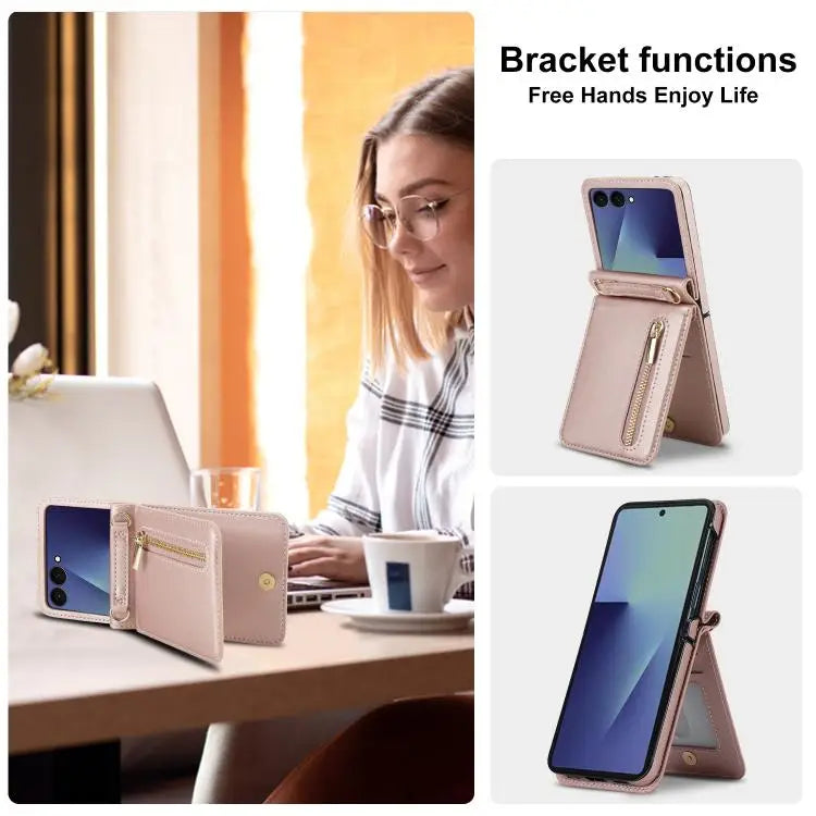 For Samsung Galaxy Z Flip7 5G Zipper Wallet Card Slot Leather Phone Case with Crossbody Strap(Rose Gold)