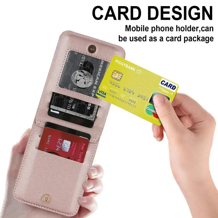 For Samsung Galaxy Z Flip7 5G Zipper Wallet Card Slot Leather Phone Case with Crossbody Strap(Rose Gold)