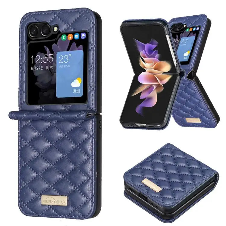 Voor Samsung Galaxy Z Flip7 Diamond Lattice PU + PC schokbestendige telefoonhoes (blauw)